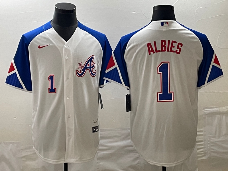 Men's Atlanta Braves #1 Ozzie Albies White 2023 City Connect Cool Base With Patch Stitched Jersey